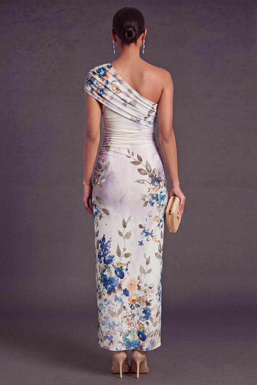 Champagne Sheath One Shoulder Ruched Long Wedding Guest Dress