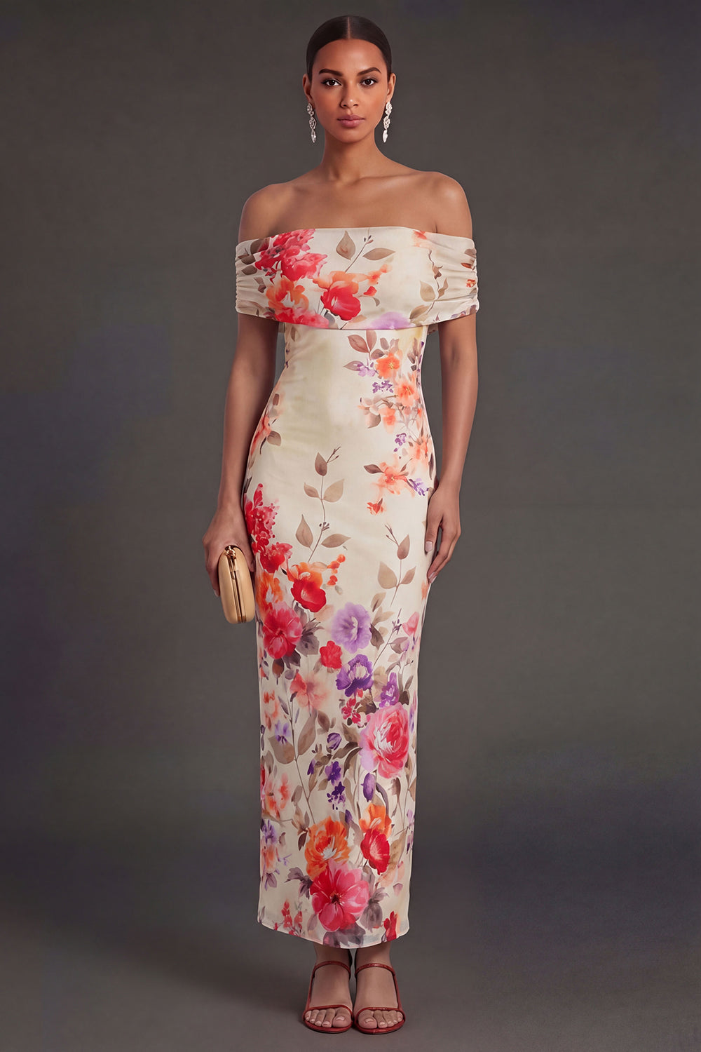 Champagne Sheath Off the Shoulder Ruched Long Wedding Guest Dress
