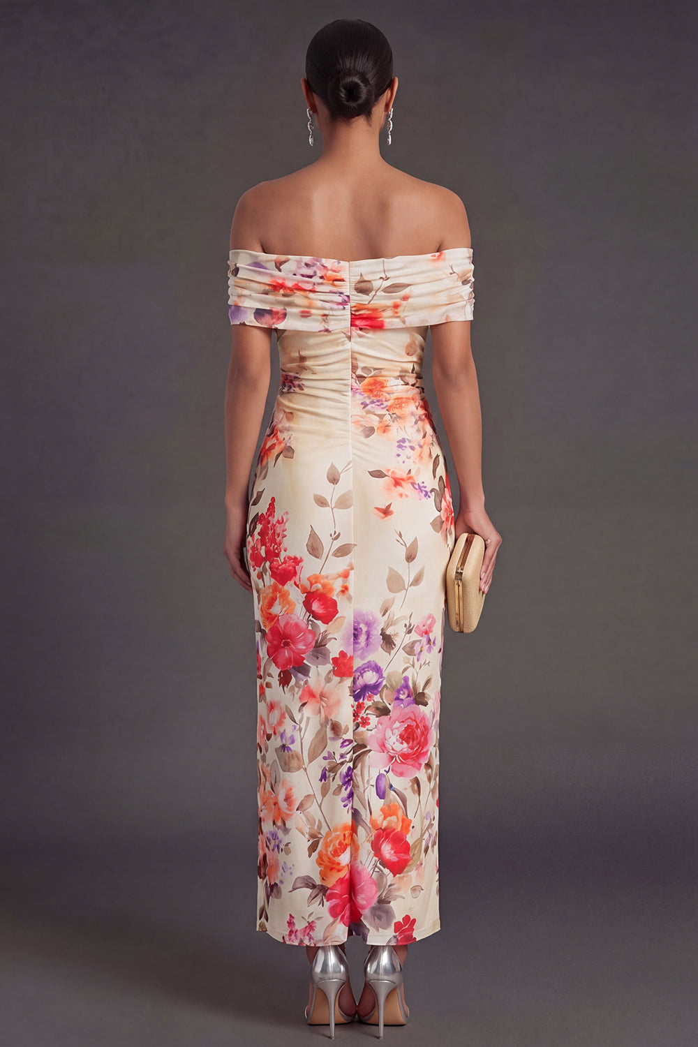 Champagne Sheath Off the Shoulder Ruched Long Wedding Guest Dress