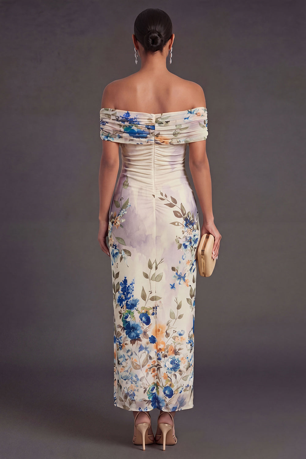 Champagne Sheath Off the Shoulder Ruched Long Wedding Guest Dress