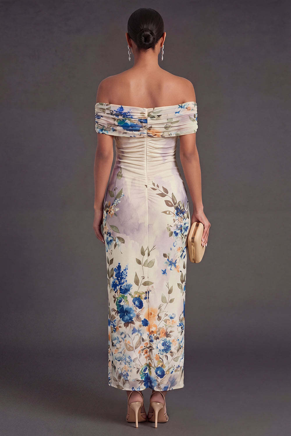 Champagne Sheath Off the Shoulder Ruched Long Wedding Guest Dress