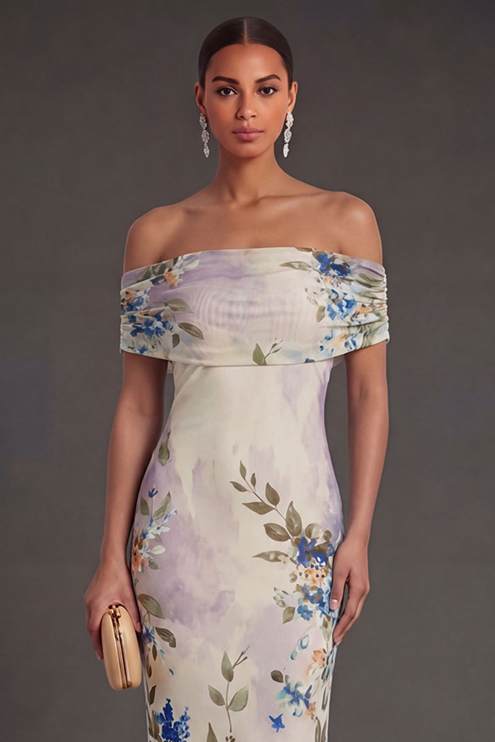 Champagne Sheath Off the Shoulder Ruched Long Wedding Guest Dress