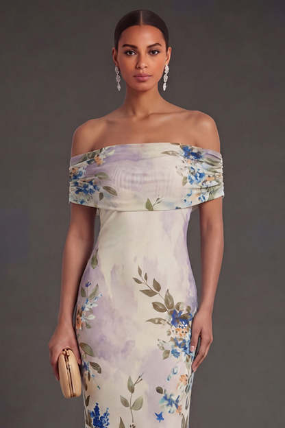 Champagne Sheath Off the Shoulder Ruched Long Wedding Guest Dress