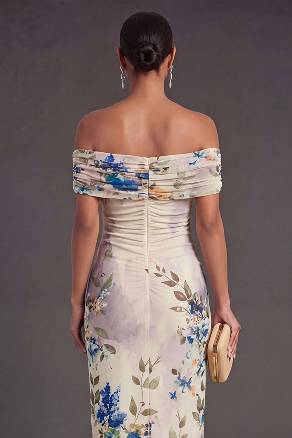 Champagne Sheath Off the Shoulder Ruched Long Wedding Guest Dress