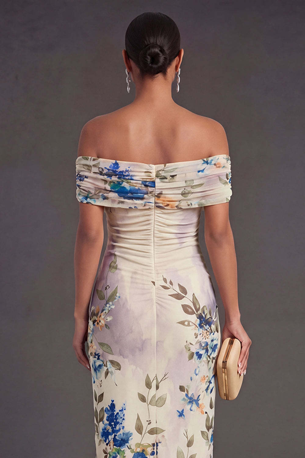 Champagne Sheath Off the Shoulder Ruched Long Wedding Guest Dress