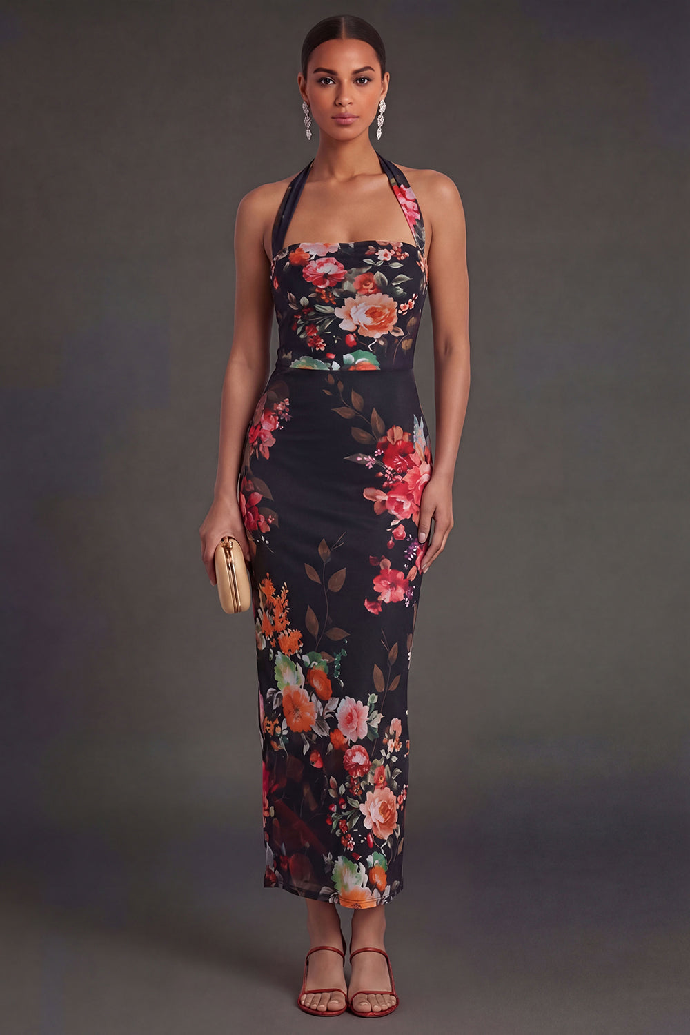 Leely Women Black Sheath Halter Neck Long Wedding Guest Dress Backless Sleeveless Garden Party Dress