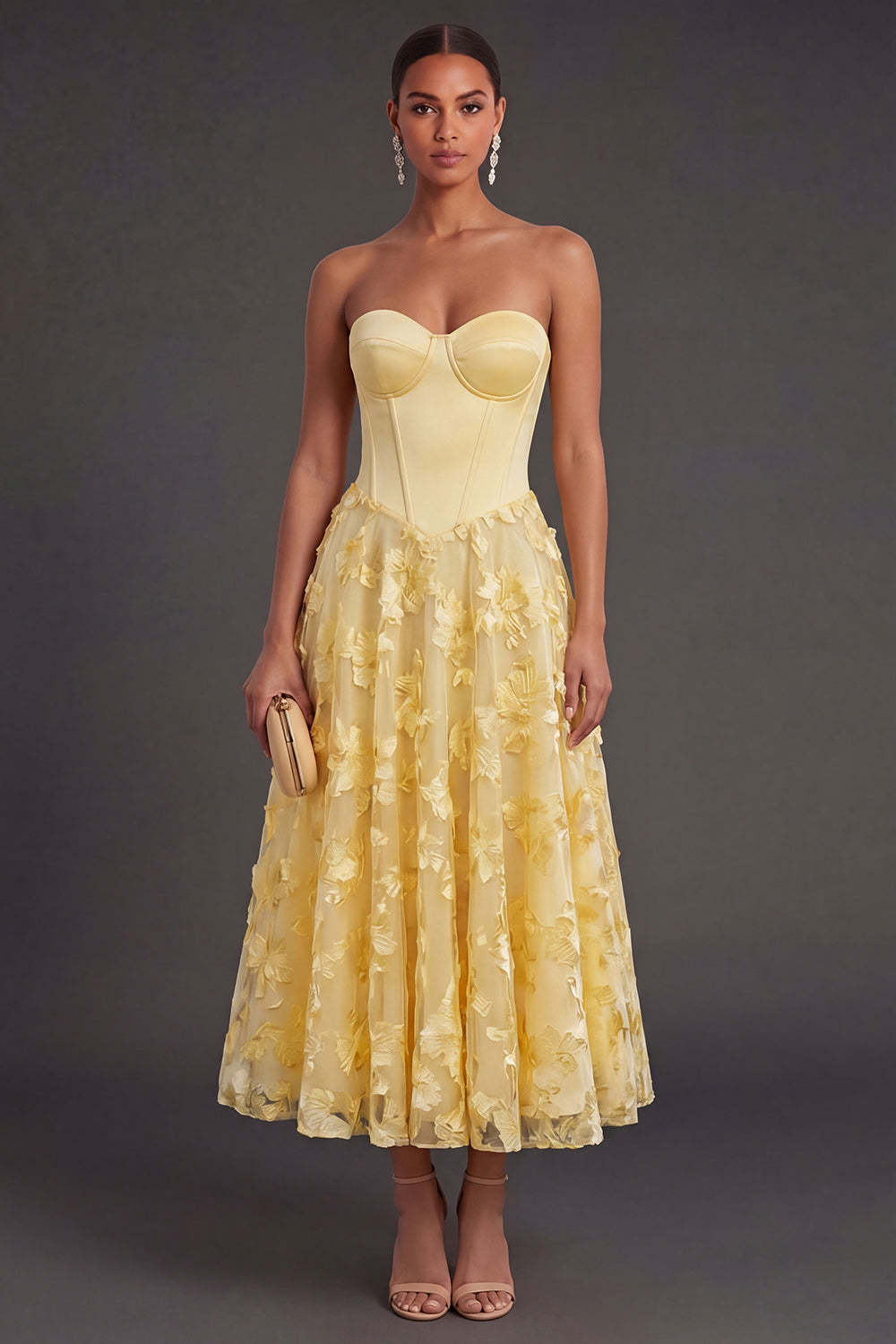 Leely Women Floral Yellow A Line Corset Appliqued Midi Wedding Guest Dress Strapless Backless Formal Dress