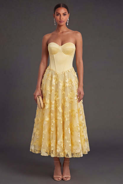 Leely Women Floral Yellow A Line Corset Appliqued Midi Wedding Guest Dress Strapless Backless Formal Dress