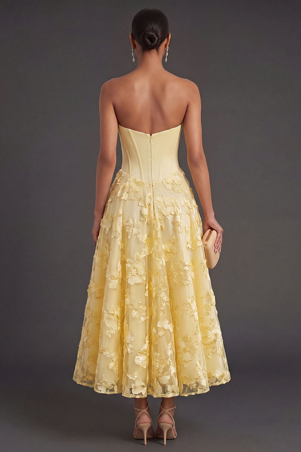 Floral Yellow A Line Corset Appliqued Midi Wedding Guest Dress
