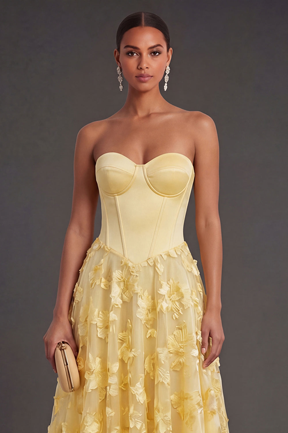 Floral Yellow A Line Corset Appliqued Midi Wedding Guest Dress