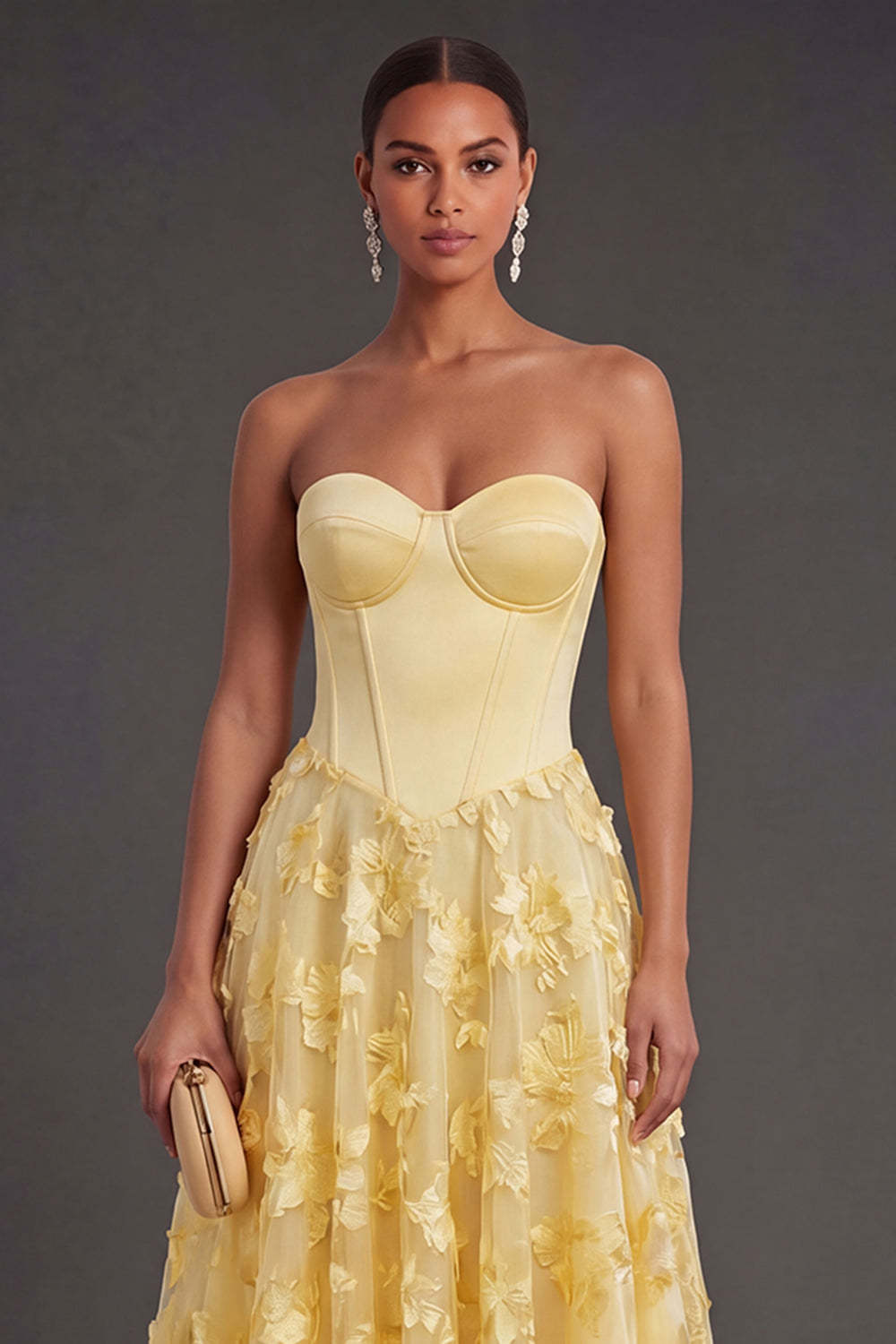 Floral Yellow A Line Corset Appliqued Midi Wedding Guest Dress