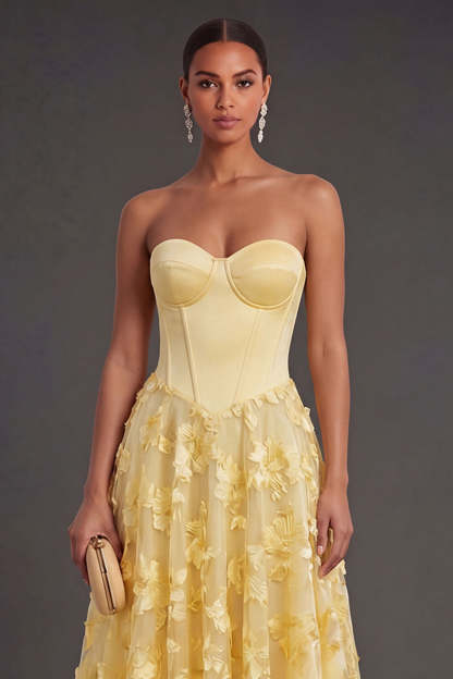 Floral Yellow A Line Corset Appliqued Midi Wedding Guest Dress