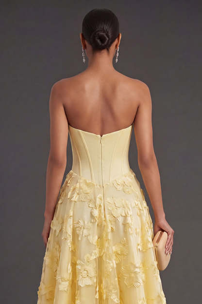Floral Yellow A Line Corset Appliqued Midi Wedding Guest Dress