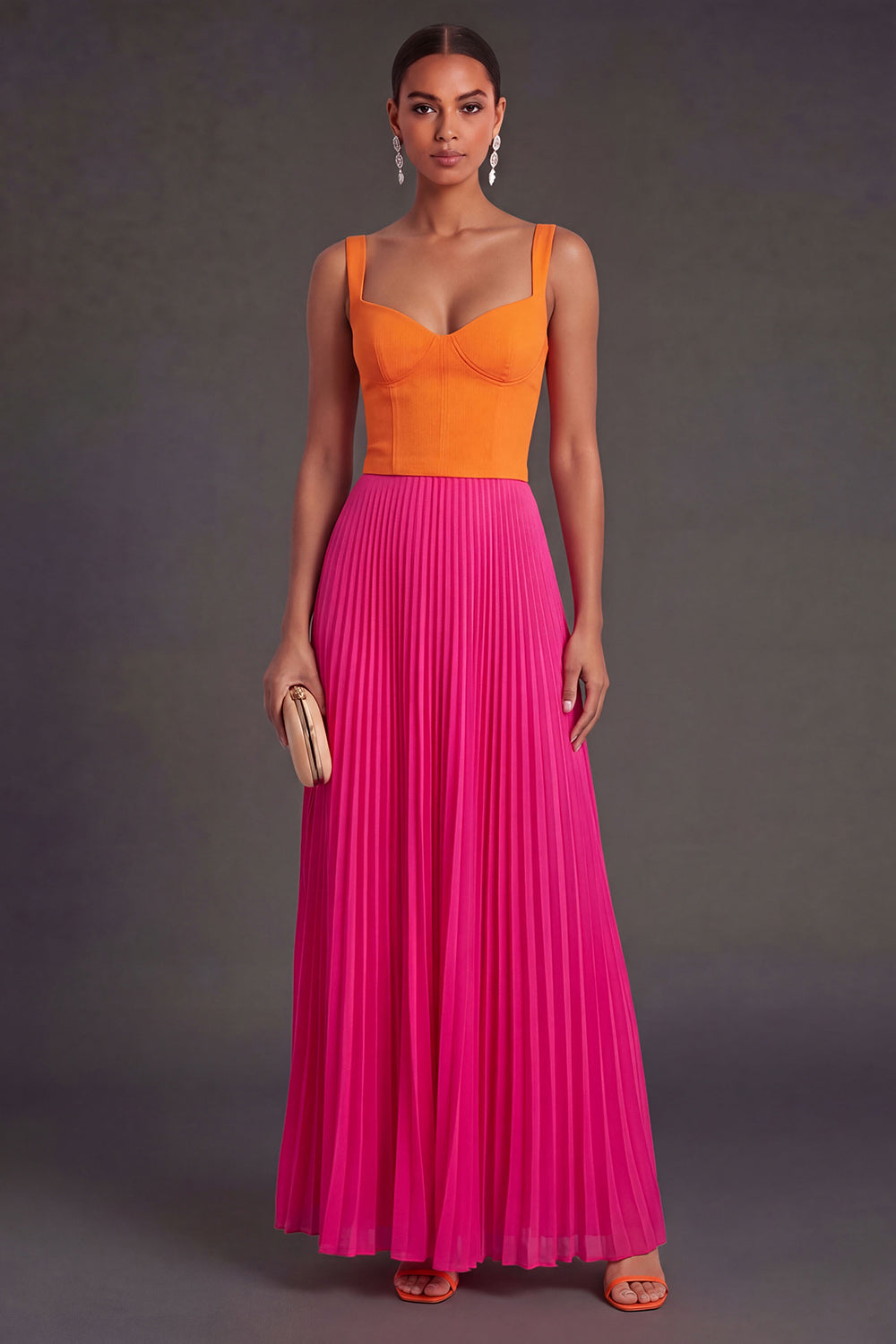 Leely Women Orange and Fuchsia A Line Pleated Long Formal Dress Thick Straps Backless Sleeveless Wedding Guest Dress
