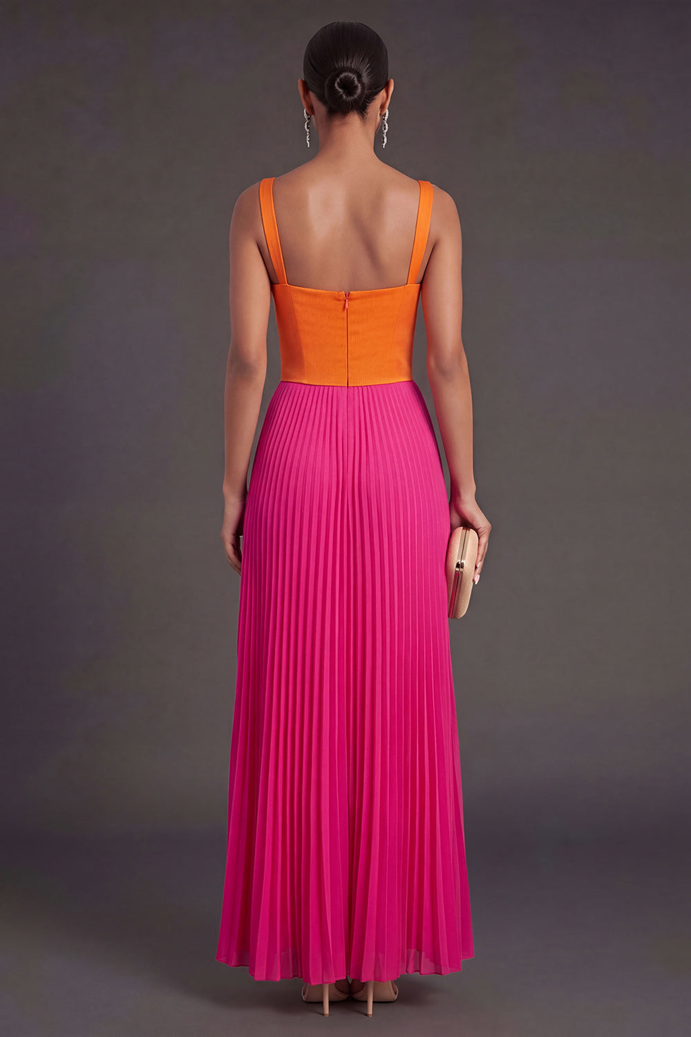Orange and Fuchsia A Line Pleated Long Formal Dress