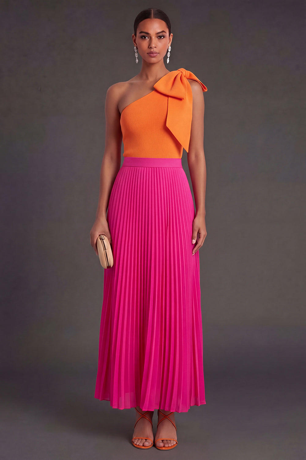 One Shoulder Orange and Fuchsia A Line Pleated Long Formal Dress