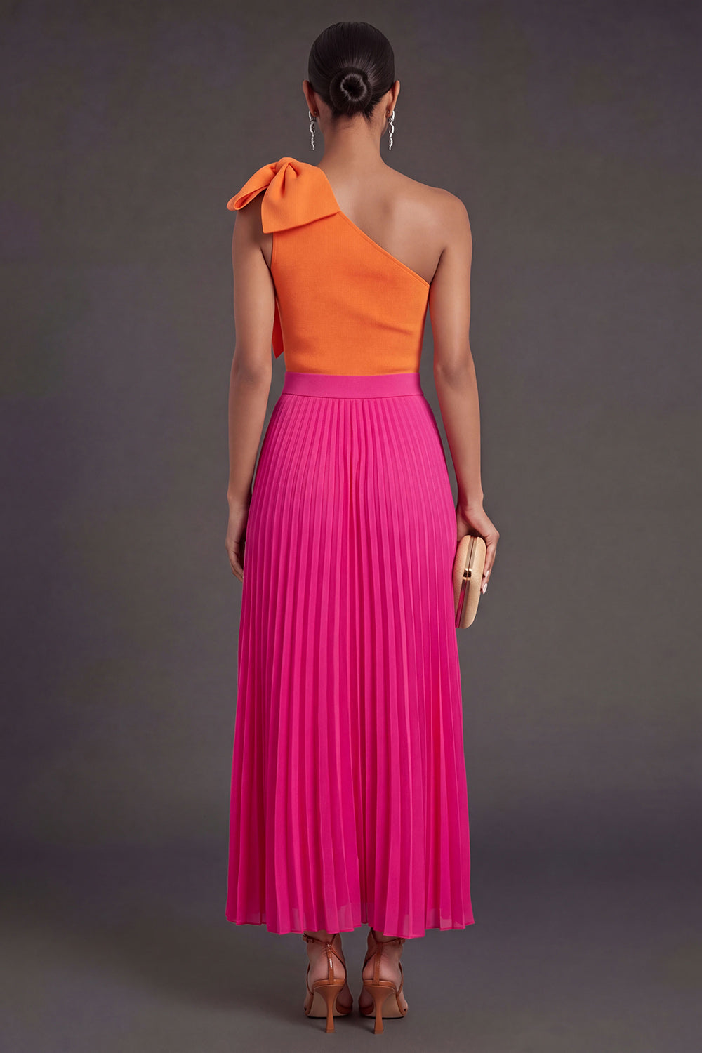 One Shoulder Orange and Fuchsia A Line Pleated Long Formal Dress