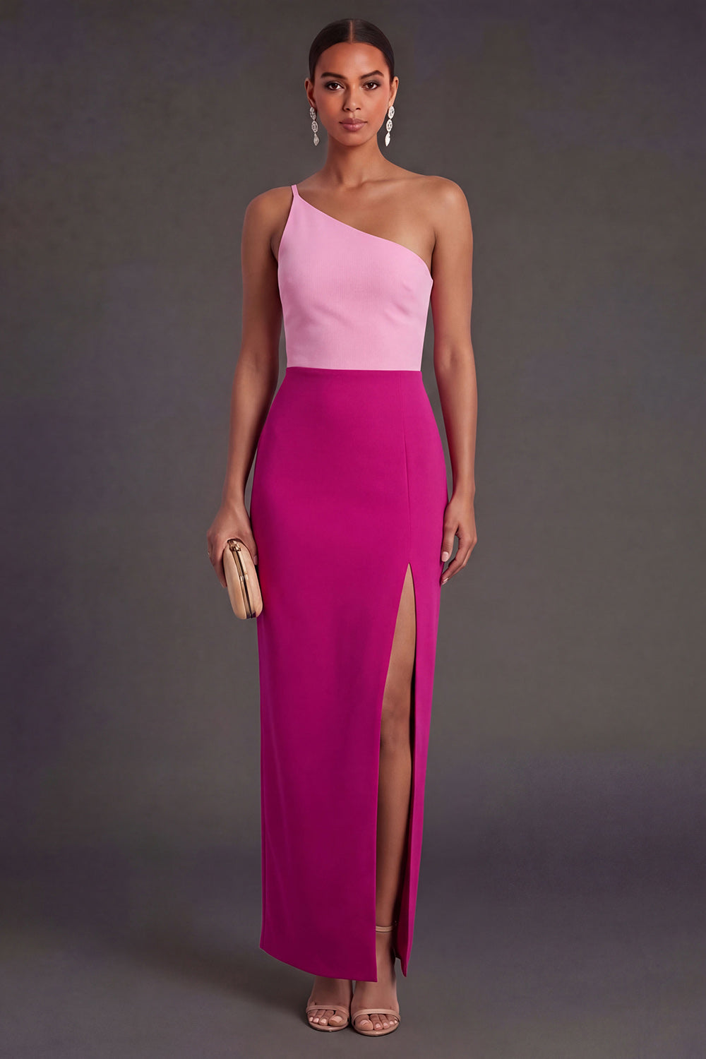 Leely Women Pink and Fuchsia Sheath One Shoulder Long Formal Dress with Slit Backless Sleeveless Wedding Guest Dress