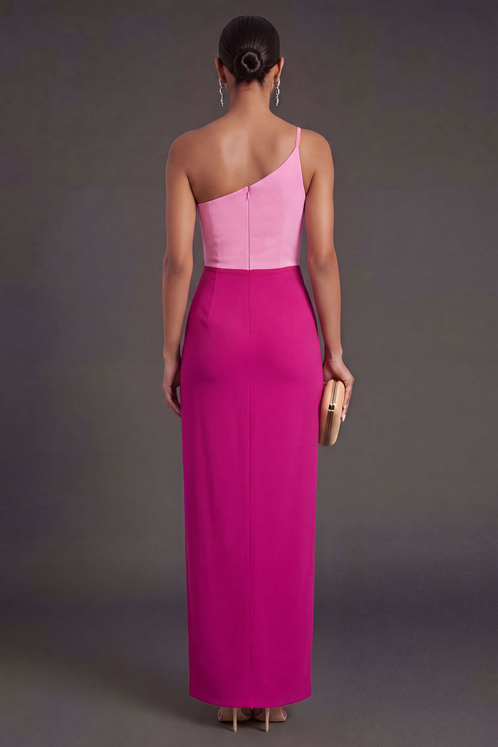 Pink and Fuchsia Sheath One Shoulder Long Formal Dress with Slit