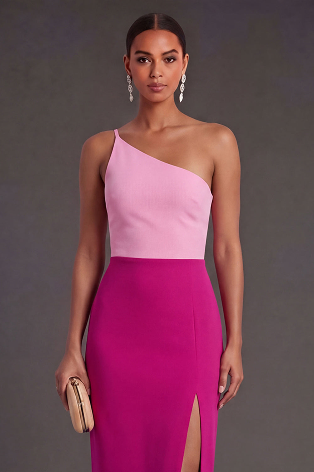 Pink and Fuchsia Sheath One Shoulder Long Formal Dress with Slit
