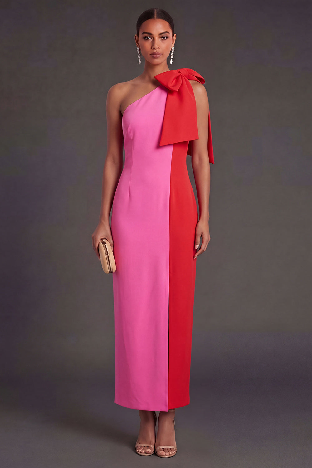 Fuchsia and Red Sheath One Shoulder Long Formal Dress with Slit