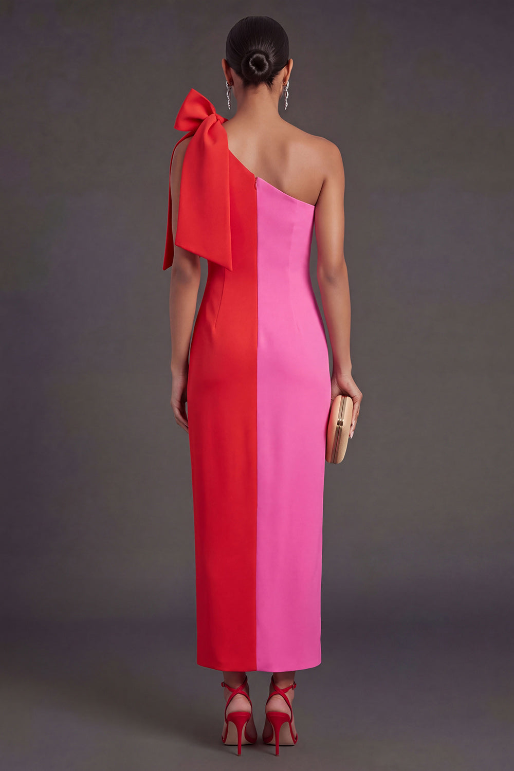 Fuchsia and Red Sheath One Shoulder Long Formal Dress with Slit