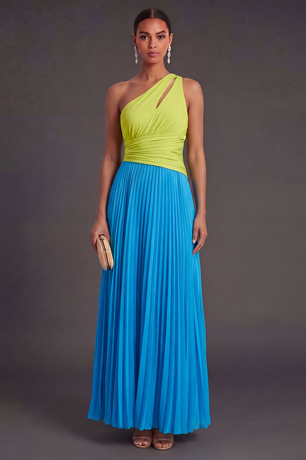 One Shoulder Green and Blue A Line Pleated Long Formal Dress