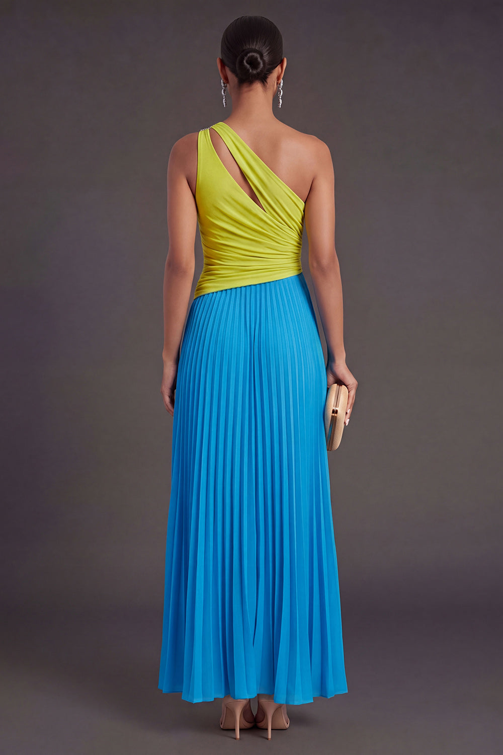 One Shoulder Green and Blue A Line Pleated Long Formal Dress