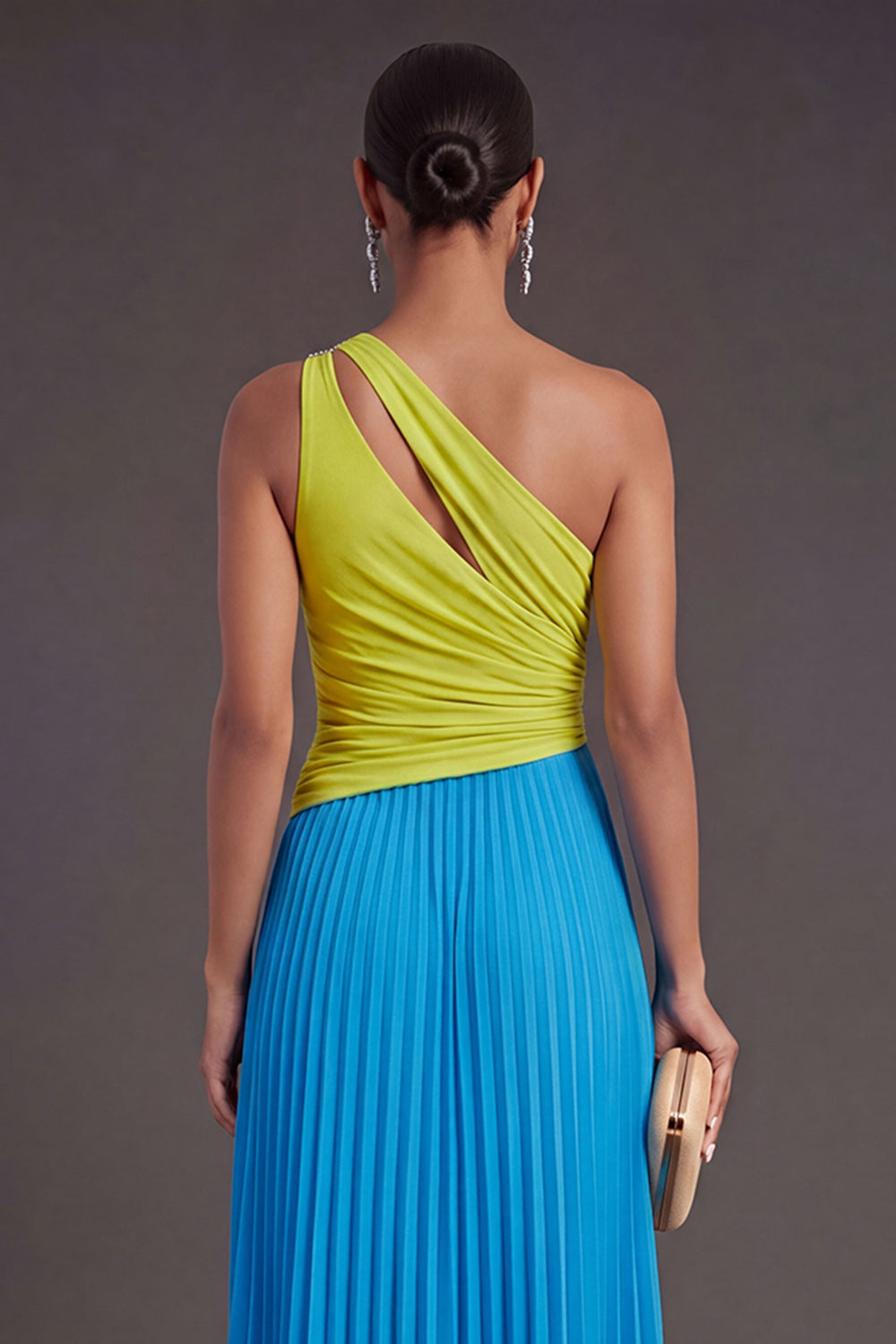 One Shoulder Green and Blue A Line Pleated Long Formal Dress