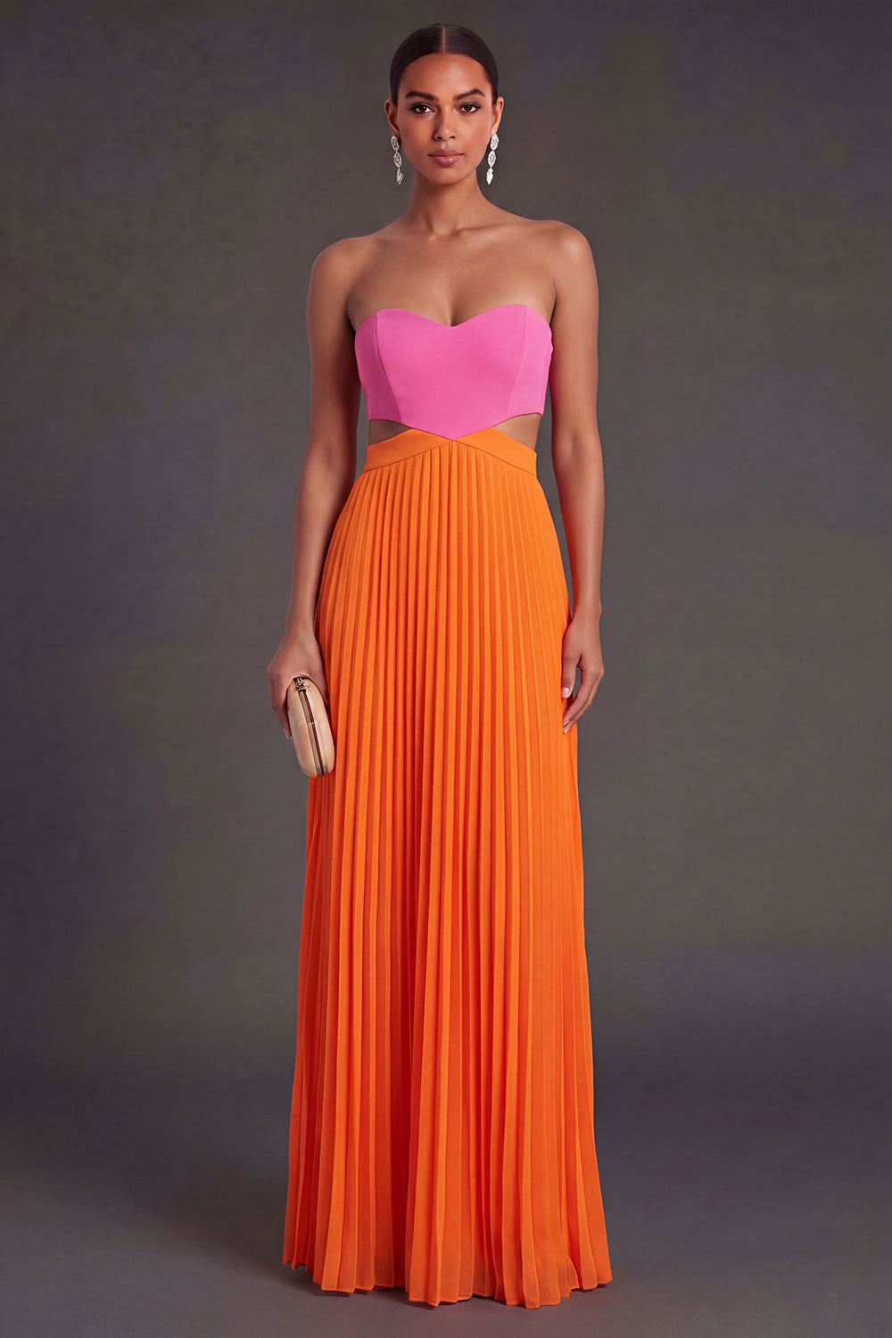 Pink and Orange Pleated Long Formal Dress