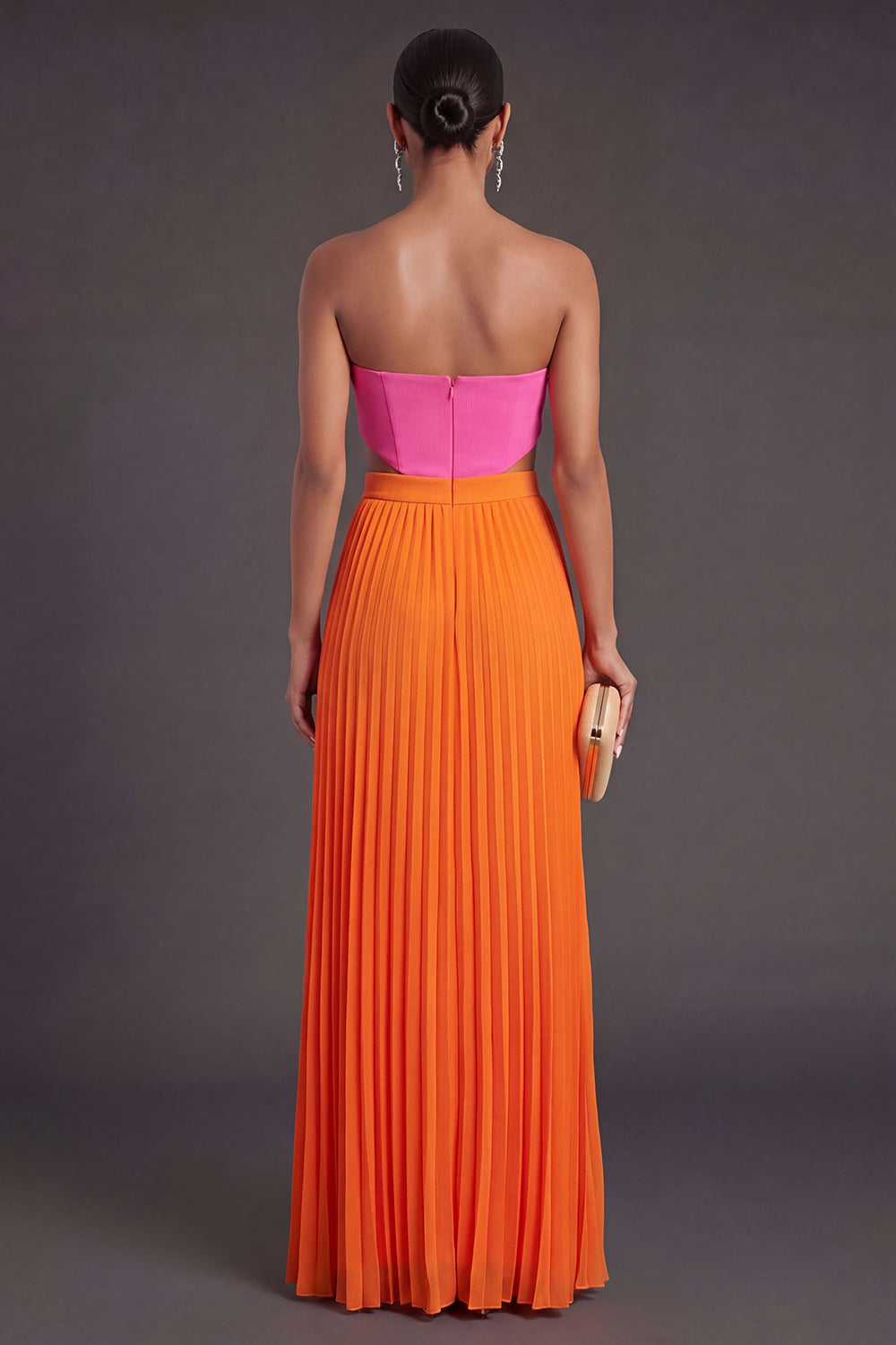 Pink and Orange Pleated Long Formal Dress