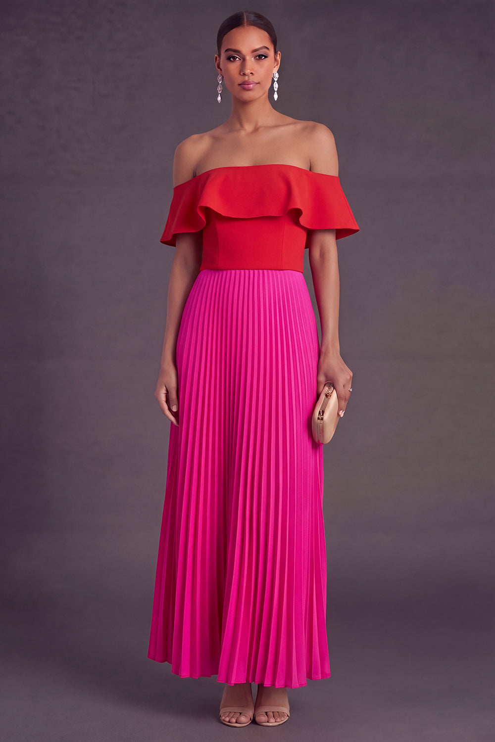 Ruffled Fuchsia and Red Pleated Long Formal Dress