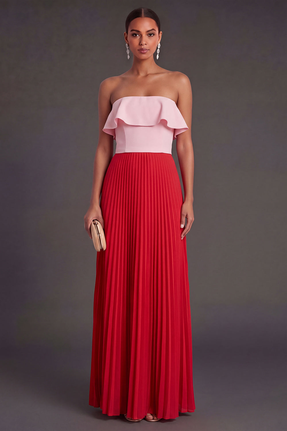 Leely Women Ruffled Pleated Pink and Red A Line Long Formal Dress Backless Sleeveless Wedding Guest Dress
