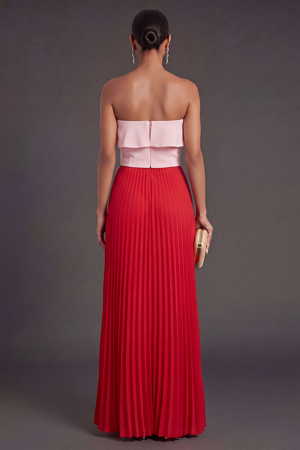 Ruffled Pleated Pink and Red A Line Long Formal Dress