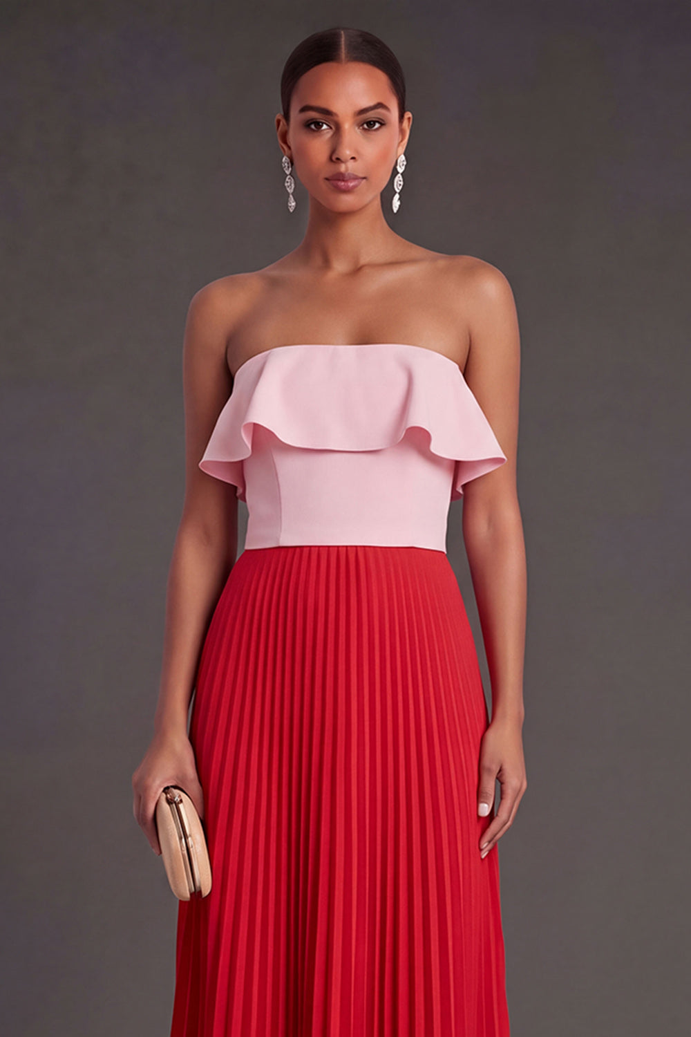 Ruffled Pleated Pink and Red A Line Long Formal Dress