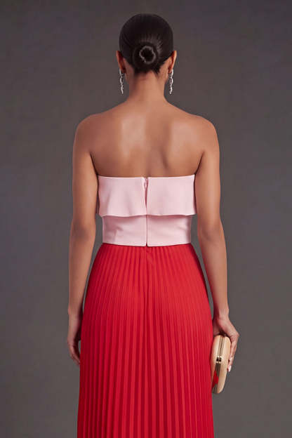 Ruffled Pleated Pink and Red A Line Long Formal Dress