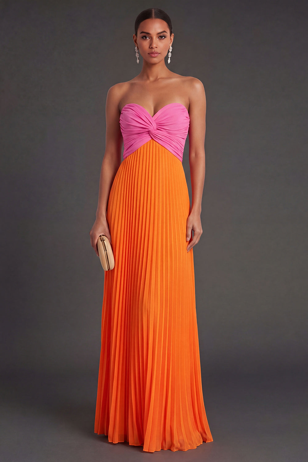 Pink and Orange Front Twisted Sweetheart Pleated Long Formal Dress