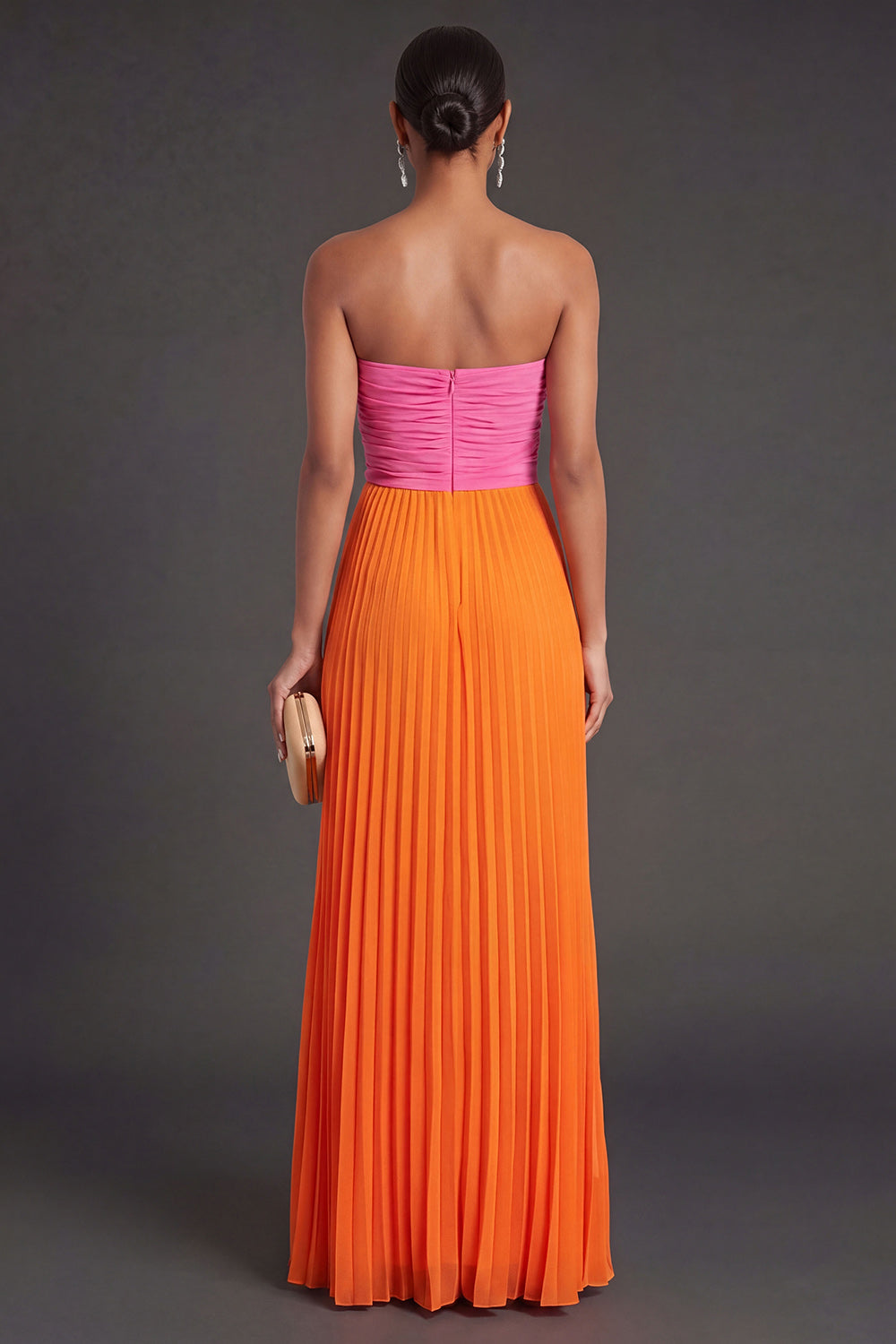 Pink and Orange Front Twisted Sweetheart Pleated Long Formal Dress