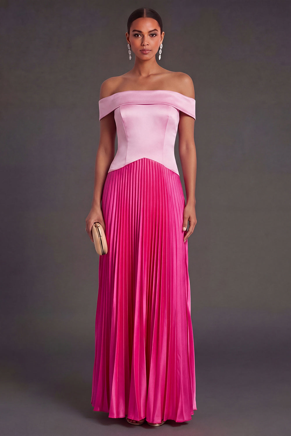 Leely Women Pink and Fuchsia A Line Off the Shoulder Long Formal Dress Backless Sleeveless Pleated Wedding Guest Dress