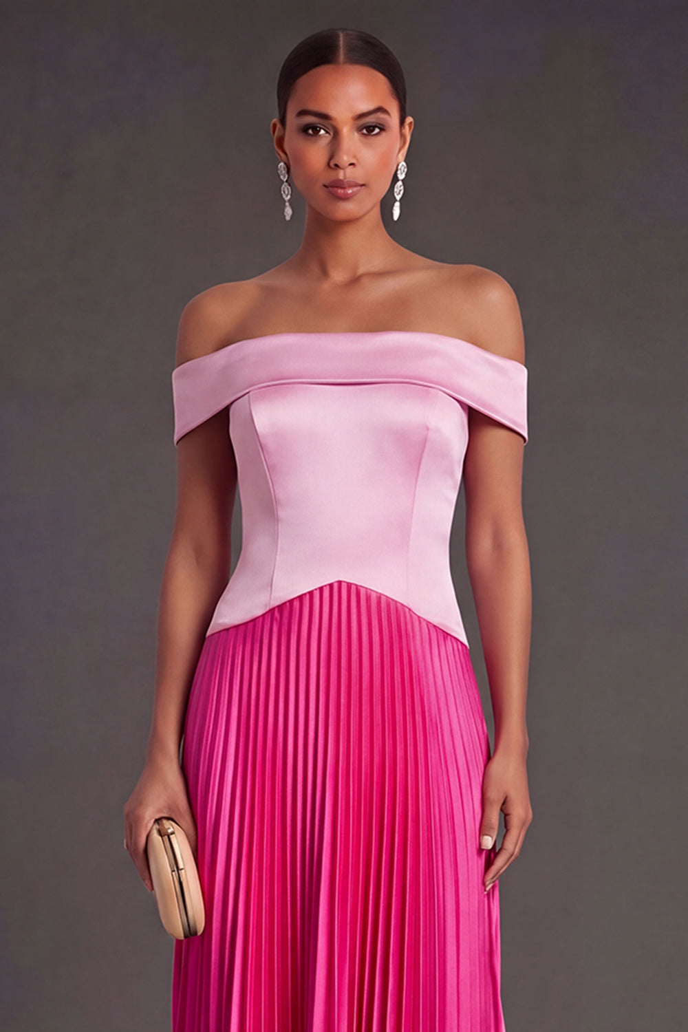 Pink and Fuchsia A Line Off the Shoulder Long Formal Dress