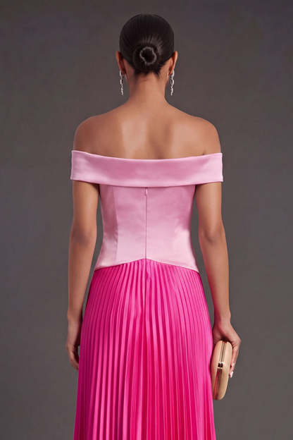 Pink and Fuchsia A Line Off the Shoulder Long Formal Dress