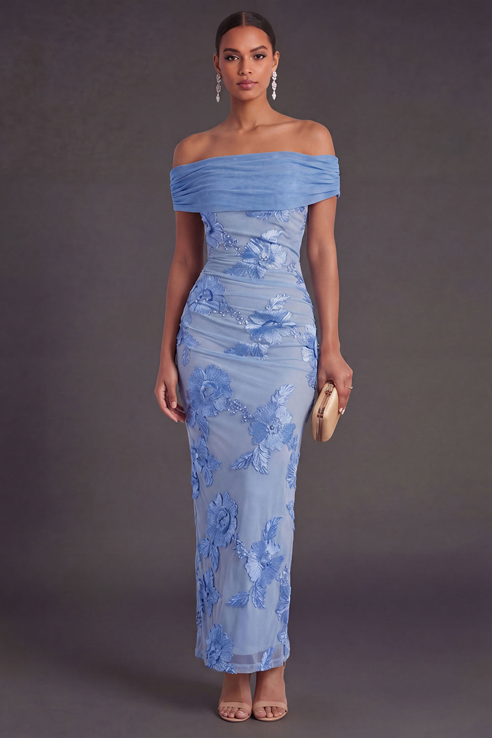Leely Women Blue Floral Sheath Appliqued Long Wedding Guest Dress Backless Sleeveless Formal Dress
