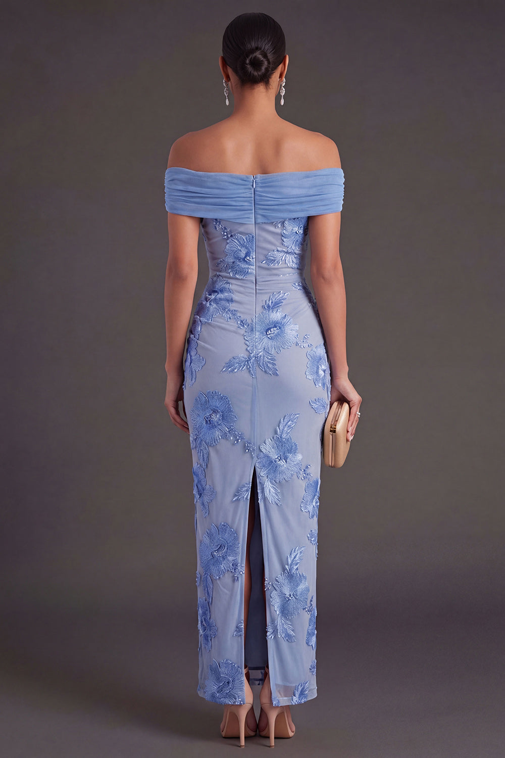 Blue Floral Sheath Appliqued Long Wedding Guest Dress