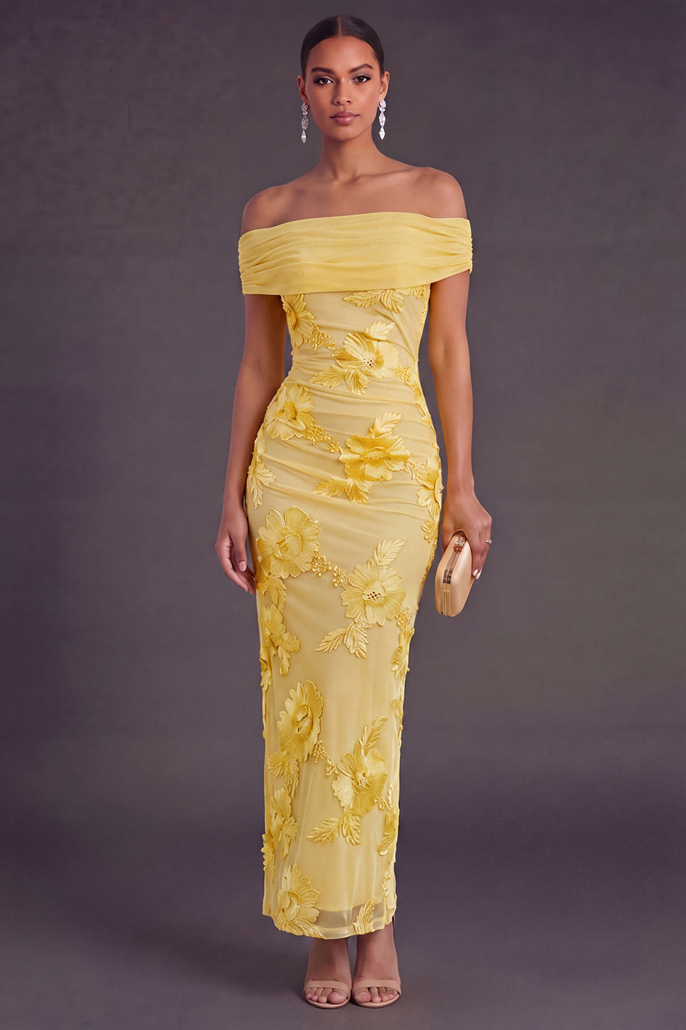 Blue Floral Sheath Appliqued Long Wedding Guest Dress