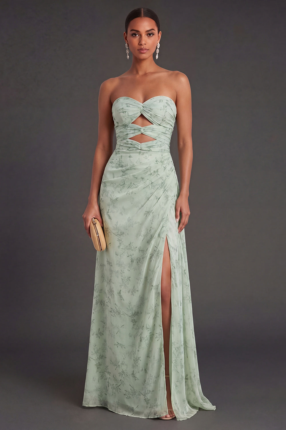 Floral Dusty Sage Ruched Long Wedding Guest Dress with Slit