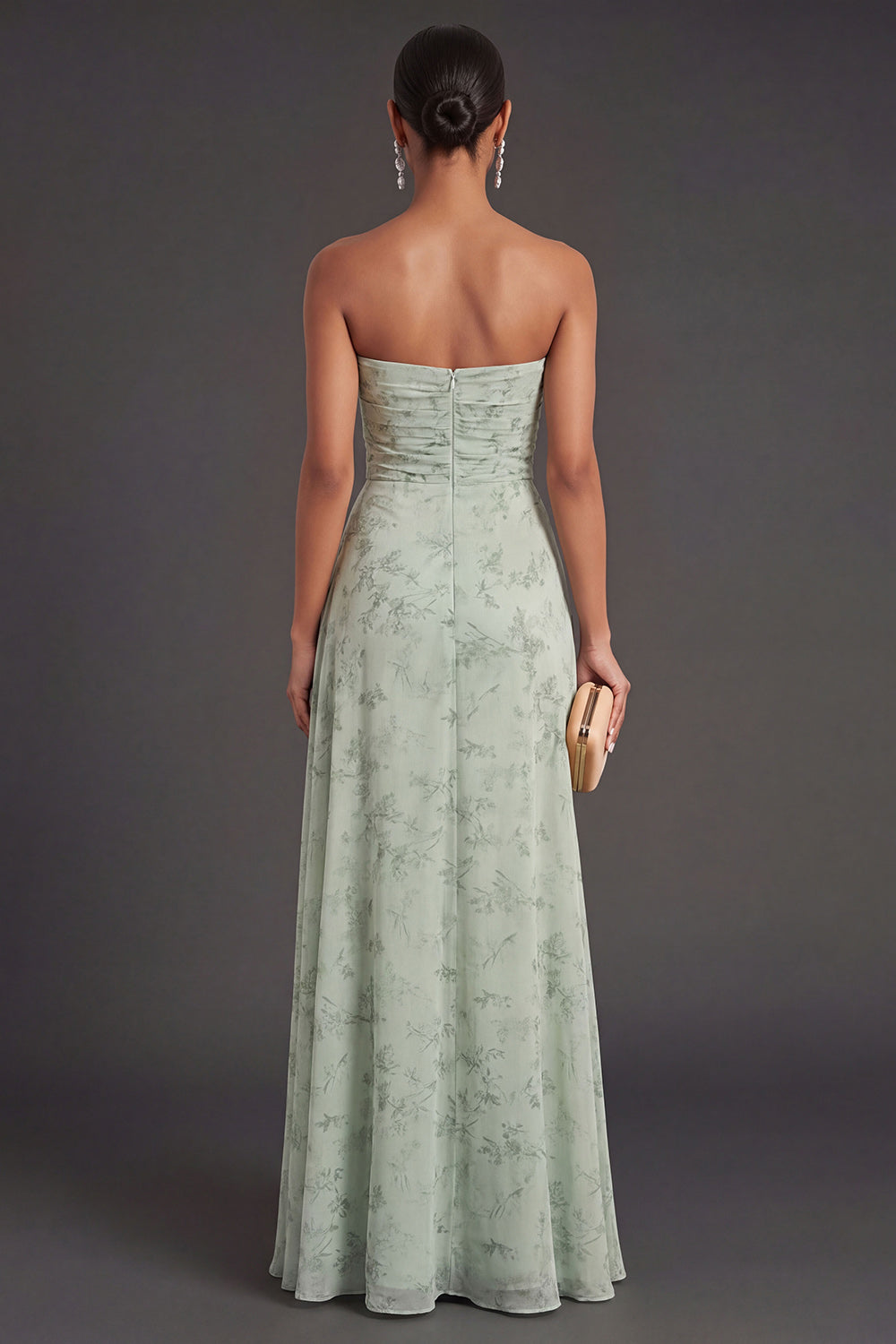 Floral Dusty Sage Ruched Long Wedding Guest Dress with Slit