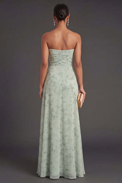 Floral Dusty Sage Ruched Long Wedding Guest Dress with Slit