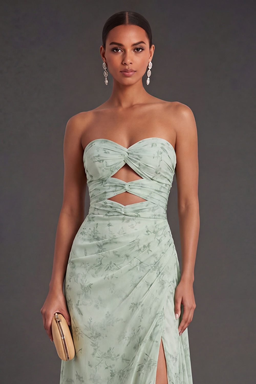 Floral Dusty Sage Ruched Long Wedding Guest Dress with Slit