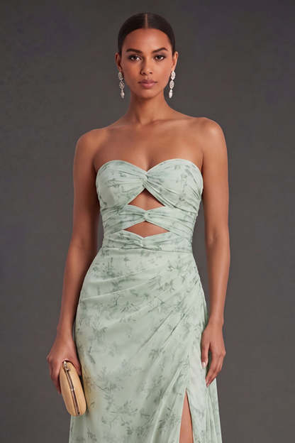 Floral Dusty Sage Ruched Long Wedding Guest Dress with Slit