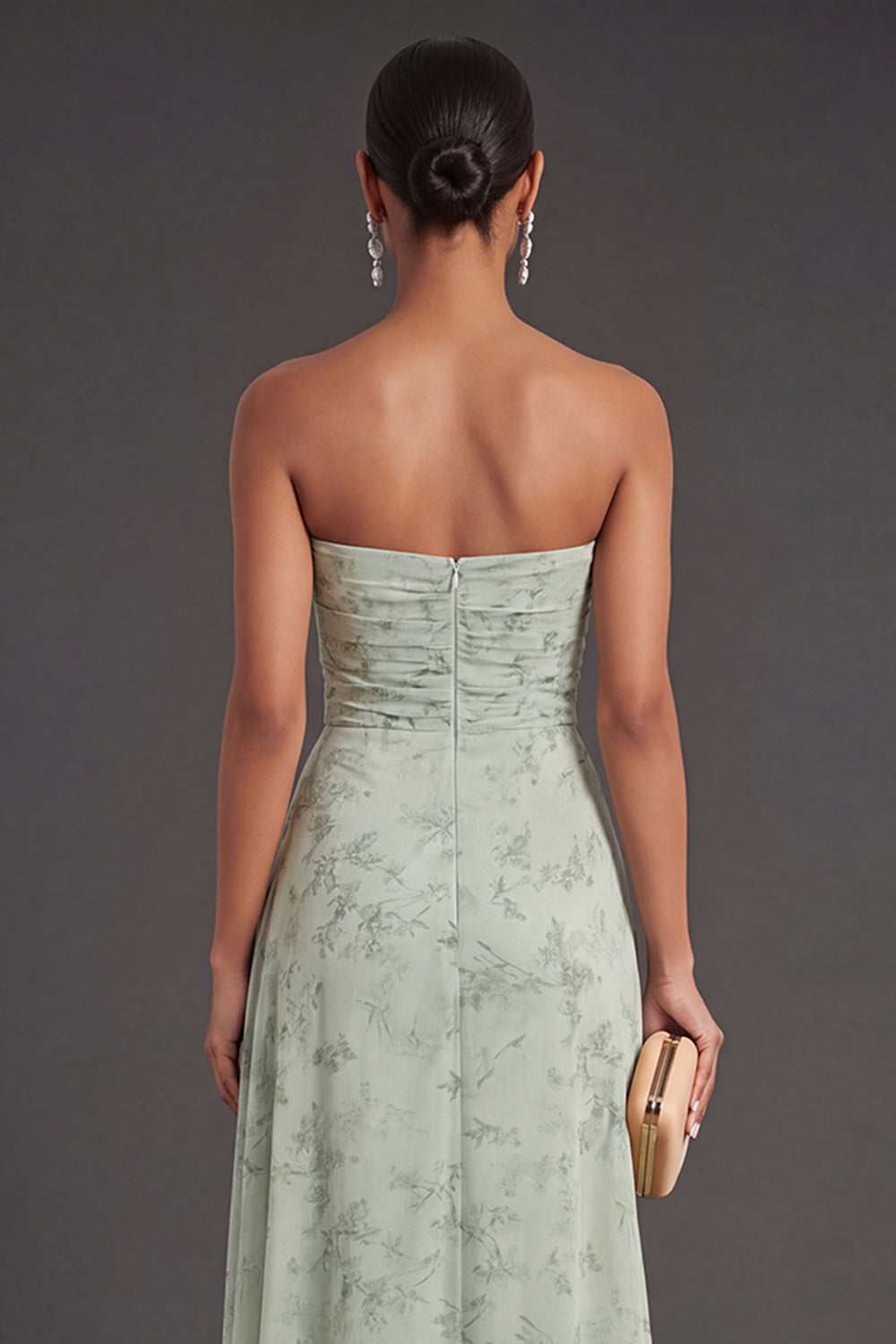 Floral Dusty Sage Ruched Long Wedding Guest Dress with Slit